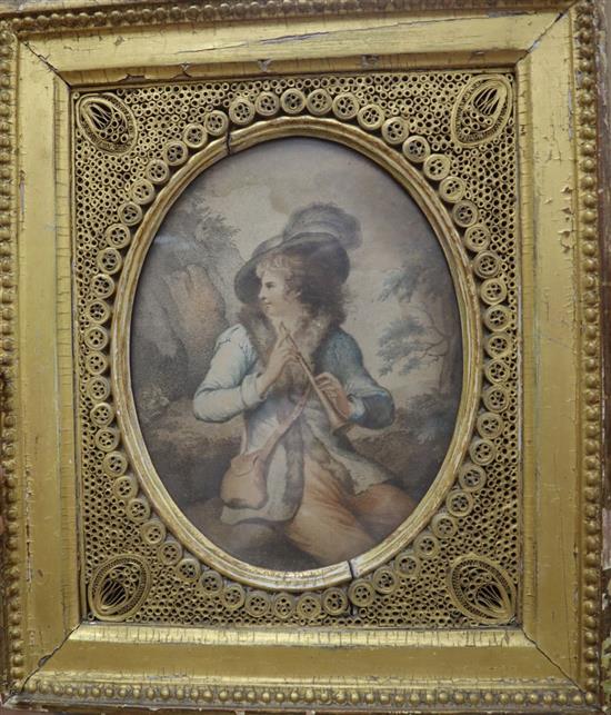 An early 19th century colour engraving of a piper in gilt gesso and paper scroll work frame, frame overall 28 x 23cm
